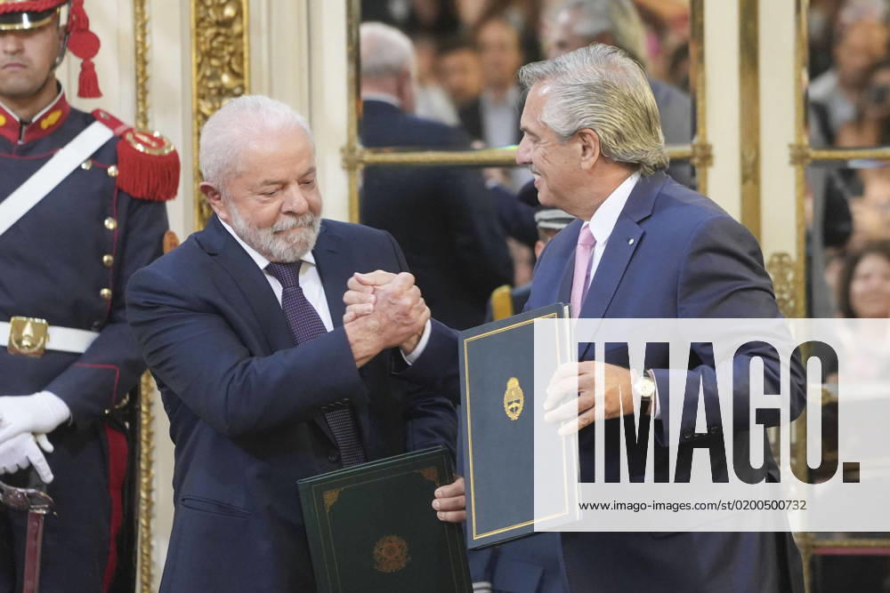 INT. WorldNews. January 23, 2023. City of Buenos Aires, Argentina.- President of Brazil, INACIO LULA DA SILVA, and President of Argentina, ALBERTO FERNANDEZ, at press conference during the first oficial international meeting between the two presidents since LULA DA SILVA started his third presidentialism in Brazil on January 1st, 2023. City of Buenos Aires Argentina - ZUMAf135 20230123_zap_f135_012