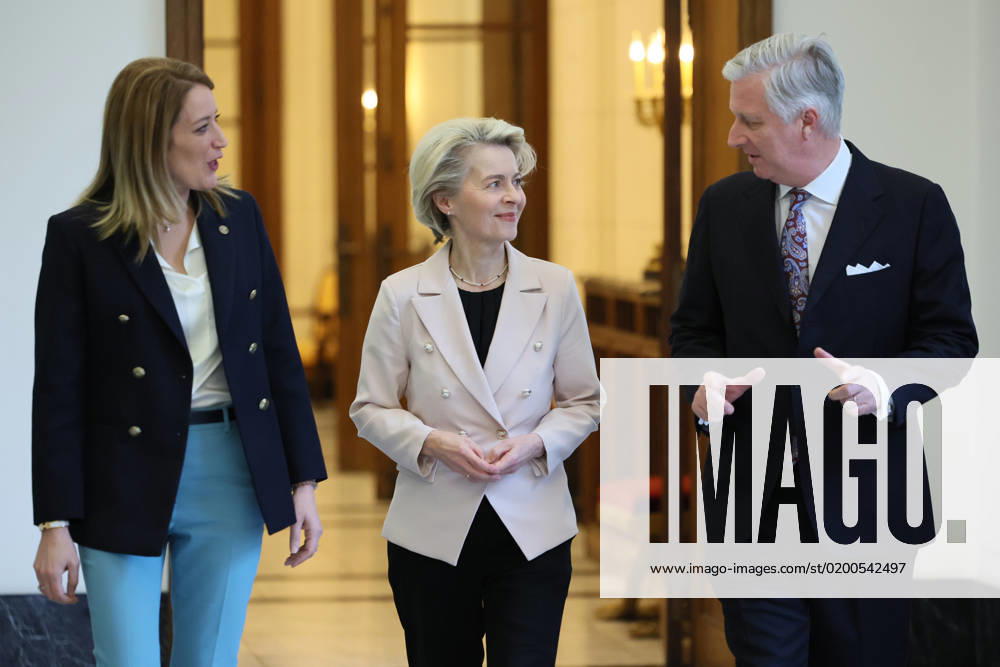 European Parliament chairwoman Roberta Metsola, European Commission president Ursula Von der Leyen and King Philippe - Filip of Belgium pictured at an audience with the King, ahead of the New Year s reception organized by the Royal Family at the Royal Palace in Brussels for the heads of the European institutions and the diplomats and chiefs of mission (ambassadors and consuls) accredited to the European institutions, Tuesday 24 January 2023. BENOITxDOPPAGNE 58694751