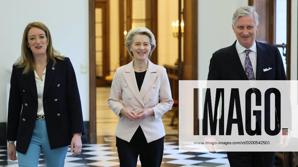European Parliament chairwoman Roberta Metsola, European Commission president Ursula Von der Leyen and King Philippe - Filip of Belgium pictured at an audience with the King, ahead of the New Year s reception organized by the Royal Family at the Royal Palace in Brussels for the heads of the European institutions and the diplomats and chiefs of mission (ambassadors and consuls) accredited to the European institutions, Tuesday 24 January 2023. BENOITxDOPPAGNE 58694768