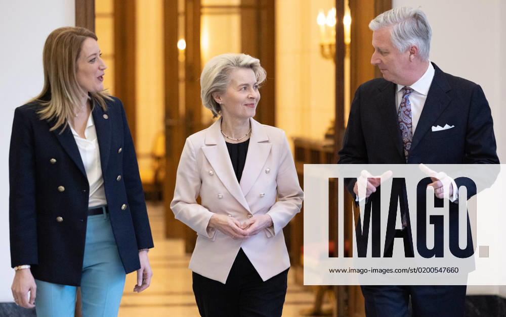 European Parliament chairwoman Roberta Metsola, European Commission president Ursula Von der Leyen and King Philippe - Filip of Belgium pictured at an audience with the King, ahead of the New Year s reception organized by the Royal Family at the Royal Palace in Brussels for the heads of the European institutions and the diplomats and chiefs of mission (ambassadors and consuls) accredited to the European institutions, Tuesday 24 January 2023. BENOITxDOPPAGNE 58697870