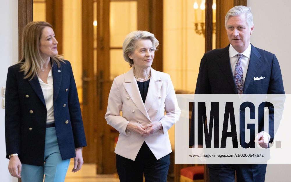 European Parliament chairwoman Roberta Metsola, European Commission president Ursula Von der Leyen and King Philippe - Filip of Belgium pictured at an audience with the King, ahead of the New Year s reception organized by the Royal Family at the Royal Palace in Brussels for the heads of the European institutions and the diplomats and chiefs of mission (ambassadors and consuls) accredited to the European institutions, Tuesday 24 January 2023. BENOITxDOPPAGNE 58697872