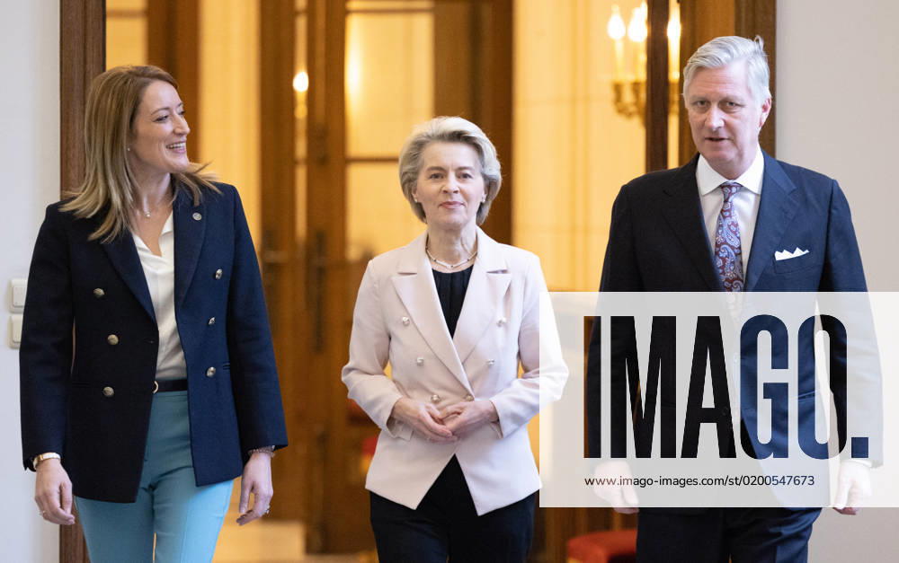European Parliament chairwoman Roberta Metsola, European Commission president Ursula Von der Leyen and King Philippe - Filip of Belgium pictured at an audience with the King, ahead of the New Year s reception organized by the Royal Family at the Royal Palace in Brussels for the heads of the European institutions and the diplomats and chiefs of mission (ambassadors and consuls) accredited to the European institutions, Tuesday 24 January 2023. BENOITxDOPPAGNE 58697874