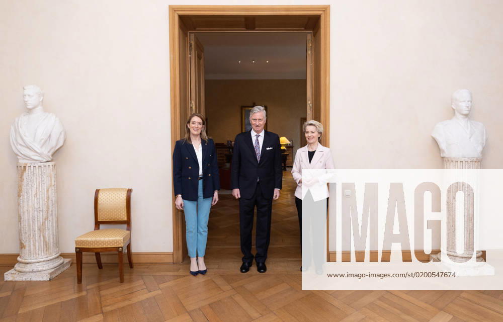 European Parliament chairwoman Roberta Metsola, European Commission president Ursula Von der Leyen and King Philippe - Filip of Belgium pictured at an audience with the King, ahead of the New Year s reception organized by the Royal Family at the Royal Palace in Brussels for the heads of the European institutions and the diplomats and chiefs of mission (ambassadors and consuls) accredited to the European institutions, Tuesday 24 January 2023. BENOITxDOPPAGNE 58697883