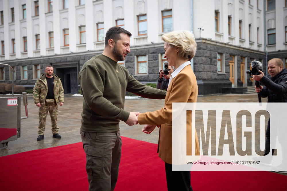 Ukrainian President VOLODYMYR ZELENSKYY welcomes European Commission President URSULA VON DER LEYEN during a visit in Kyiv. Zelenskyy hosted a delegation for a European Union summit meeting. Kyiv Ukraine - ZUMAz03_ 20230202_int_z03_073