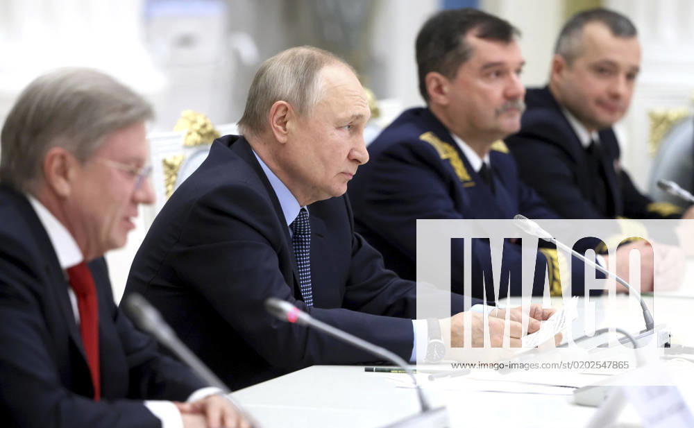 Russian President Vladimir Putin chairs a meeting with representatives of the professional aviation community to mark the 100th anniversary of domestic civil aviation at the State Kremlin Palace, February 9, 2023 in Moscow, Russia. Moscow Russia - ZUMAp138 20230209_zaa_p138_034