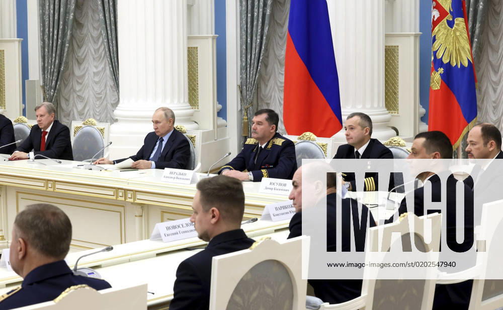 Russian President Vladimir Putin, left, chairs a meeting with representatives of the professional aviation community to mark the 100th anniversary of domestic civil aviation at the State Kremlin Palace, February 9, 2023 in Moscow, Russia. Moscow Russia - ZUMAp138 20230209_zaa_p138_040