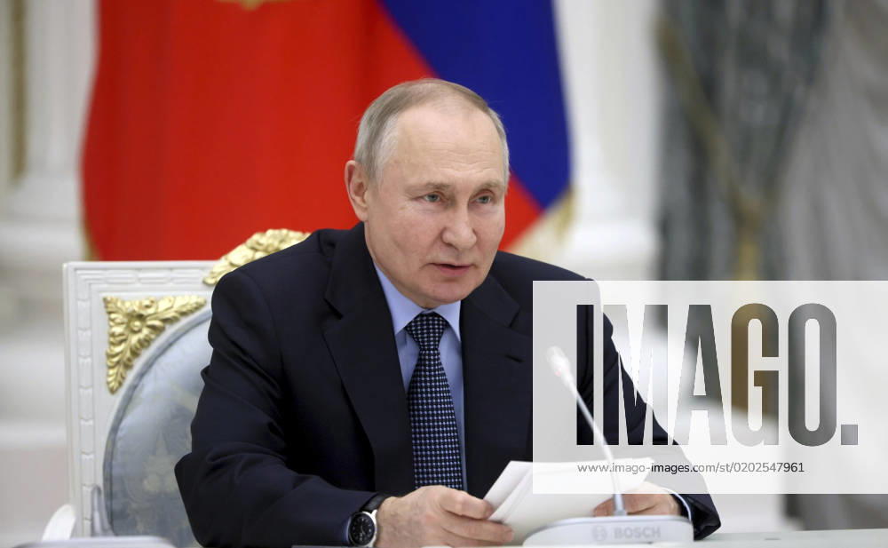 Russian President Vladimir Putin chairs a meeting with representatives of the professional aviation community to mark the 100th anniversary of domestic civil aviation at the State Kremlin Palace, February 9, 2023 in Moscow, Russia. Moscow Russia - ZUMAp138 20230209_zaa_p138_042