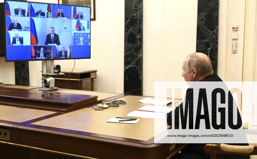 Russian President Vladimir Putin chairs a virtual meeting of the permanent members of the Security Council from the Kremlin, February 8, 2023 in Moscow, Russia. Moscow Russia - ZUMAp138 20230208_zaa_p138_127