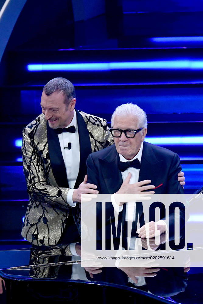 Sanremo, 73rd Italian Song Festival, Fourth Evening. Peppino di Capri receives the Lifetime Achievement Award. In the photo Peppino di Capri with Amadeus and Gianni Morandi