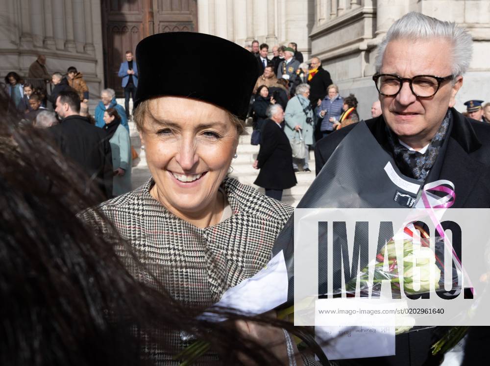 Prince Laurent and Princess Claire of Belgium pictured after a special Mass to commemorate the deceased members of the Belgian Royal Family, at the Onze-Lieve-Vrouwkerk - Eglise Notre-Dame, in Laeken-Laken, Brussels, Friday 17 February 2023. BENOITxDOPPAGNE 60119444