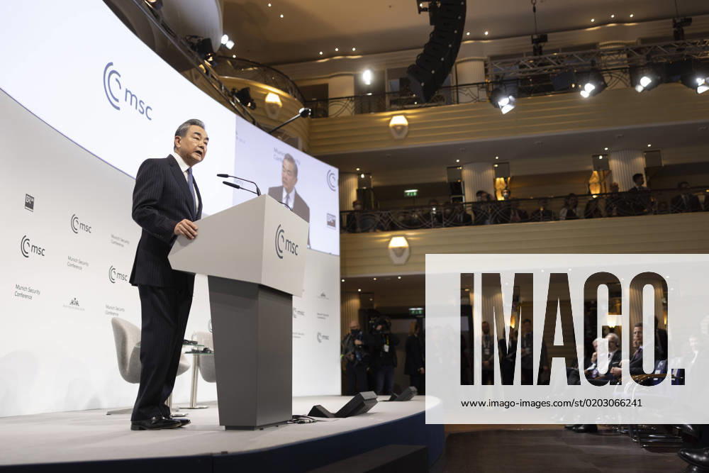 Chinese Foreign Minister Wang Yi following delivers remarks to the Munich Security Conference at the Bayerischer Hof Hotel February 18, 2023 in Munich, Germany. Munich Germany - ZUMAp138 20230218_zaa_p138_080