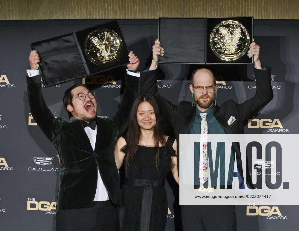 Chloe Zhao (C) poses with Dan Kwan (L) and Daniel Scheinert (R), winners of the Outstanding Directorial Achievement in Theatrical Feature Film award for Everything Everywhere All at Once in the press room during the 75th annual Directors Guild of America Awards at the Beverly Hilton in Beverly Hills, California on Saturday, February 18, 2023. LAP2023021815 JIMxRUYMEN