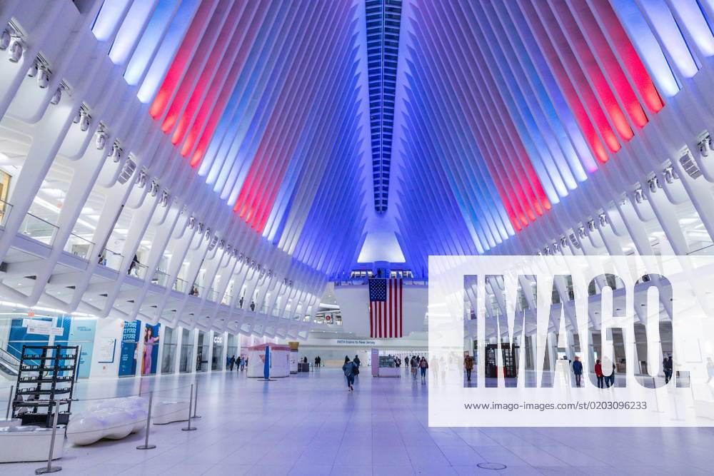 Illumination in the colors of the American flag is projected into the Oculus train station at the World Trade Center to commemorate President s Day which is celebrated in the United States. NEW YORK USA - ZUMAc233 20230219_zsp_c233_007