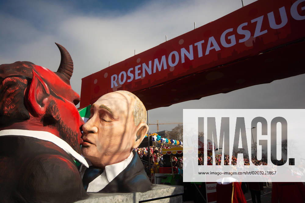 Traditional Rose Monday Parade 2023 In Cologne A general view of Russian President Vladimir Putin kissing a float is seen during the Rose Monday Parade in Cologne, Germany, on February 20, 2023 cologne Germany