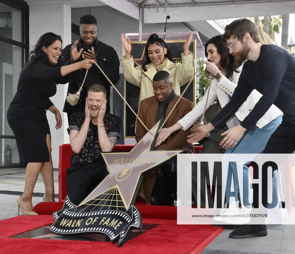(L-R) Scott Hoying, Kevin Olusola, Kirstin Maldonado, Matt Sallee and Mitch Grassi of the a cappella group Pentatonix react after being honored with the 2,748th star on the Hollywood Walk of Fame during an unveiling ceremony on Tuesday, February 21, 2023. LAP2023022101 JIMxRUYMEN