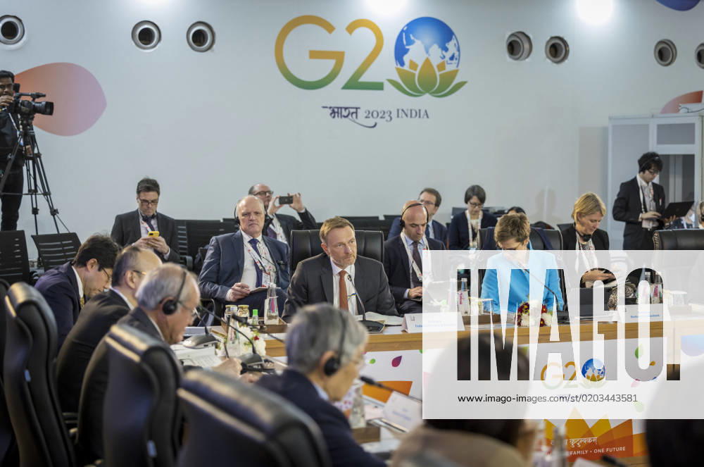 Christian Lindner (FDP), Bundesminister der Finanzen, bei einer Sitzung der G7 Finanzminister und Notenbankgouverneure in Bangalore, Indien. Am naechsten Tag findet dort das Treffen der G20 Finanzminister statt. Bangalore India