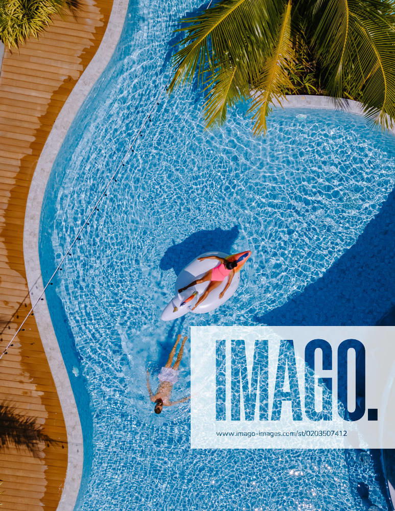 View from above at a swimming pool, couple men and women in swimming pool, drone view Drone view at the pool with palm trees, a couple of men and women in a swimming pool view from above a tropical garden with palm trees