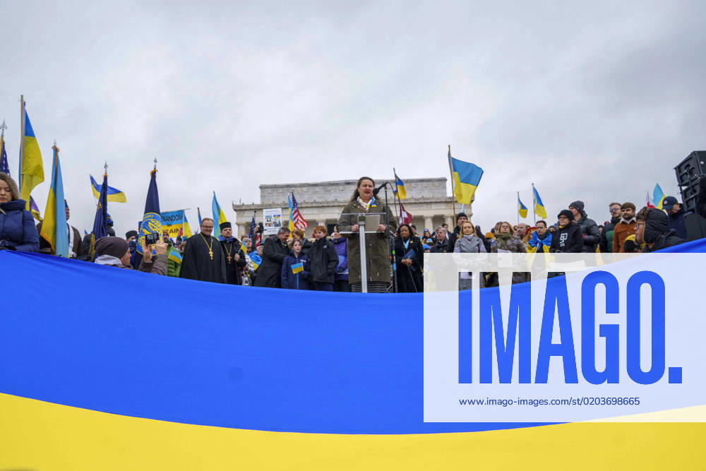 Ukrainian Ambassador to the United States Oksana Markarova speaks as supporters and members of the Ukraine community look on during a rally to mark the one-year anniversary of the Russian invasion of Ukraine at the Lincoln Memorial in Washington, DC on Saturday, Feb. 25, 2023. Last week, President Joe Biden traveled to Ukraine to meet with Ukrainian President Volodymr Zeleneksy to highlight the United States continued support against Russia s invasion. WAP20230225313 BONNIExCASH