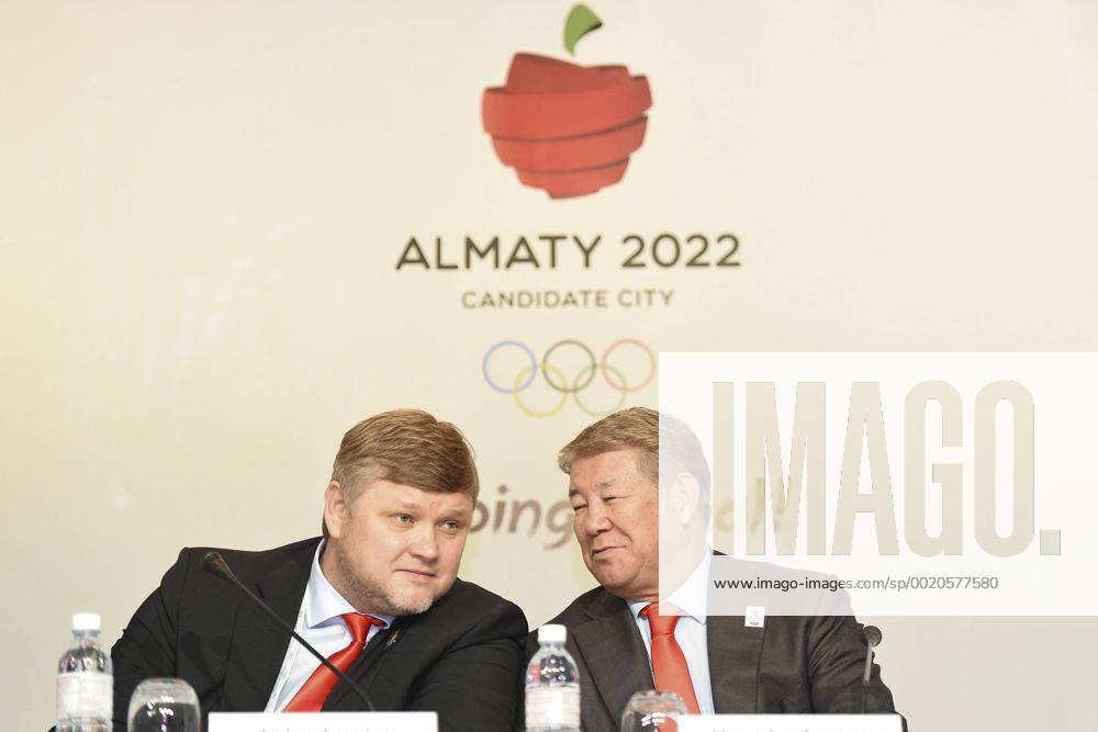 (CHINA OUT) Almaty 2022 Winter Olympics candidate city vice-chairman Andrey Kryukov (L) and Akhmetzhan Yessimov, Mayor of Almaty city, attend the Almaty Press Briefing of the 128th IOC Session on July 30, 2015 in Kuala Lumpur, Malaysia. CFP470956695