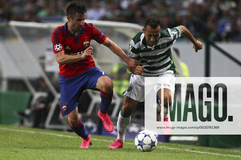 CSKA Moskva s midfielder Zoran Tosic (L) vies with Sporting s defender Jefferson Nascimento (R) during a soccer match between Portugal s Sporting CP and Russia s CSKA Moskva, for the first leg of the UEFA Champions League Play-offs, in Sporting s Alvalade Stadium in Lisbon, Portugal, on August 18, 2015. Photo by Pedro Nunes Portugal: UEFA Champions League Playoff Sporting Vs CSKA Moskva