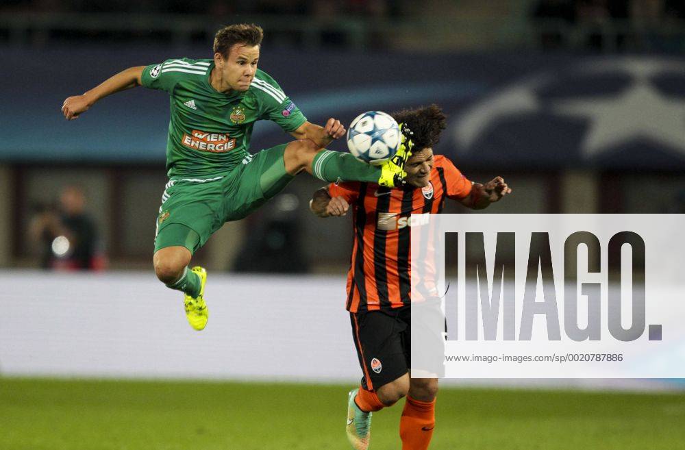 SOCCER - CL play off, Rapid vs Shakhtar VIENNA,AUSTRIA,19.AUG.15 - SOCCER - UEFA Champions League, play off, SK Rapid Wien vs FC Shakhtar Donetsk. Image shows Louis Schaub (Rapid) and Taras Stepanenko (Shakhtar). Keywords: Wien Energie. GEPAxpictures xPhilippxBrem