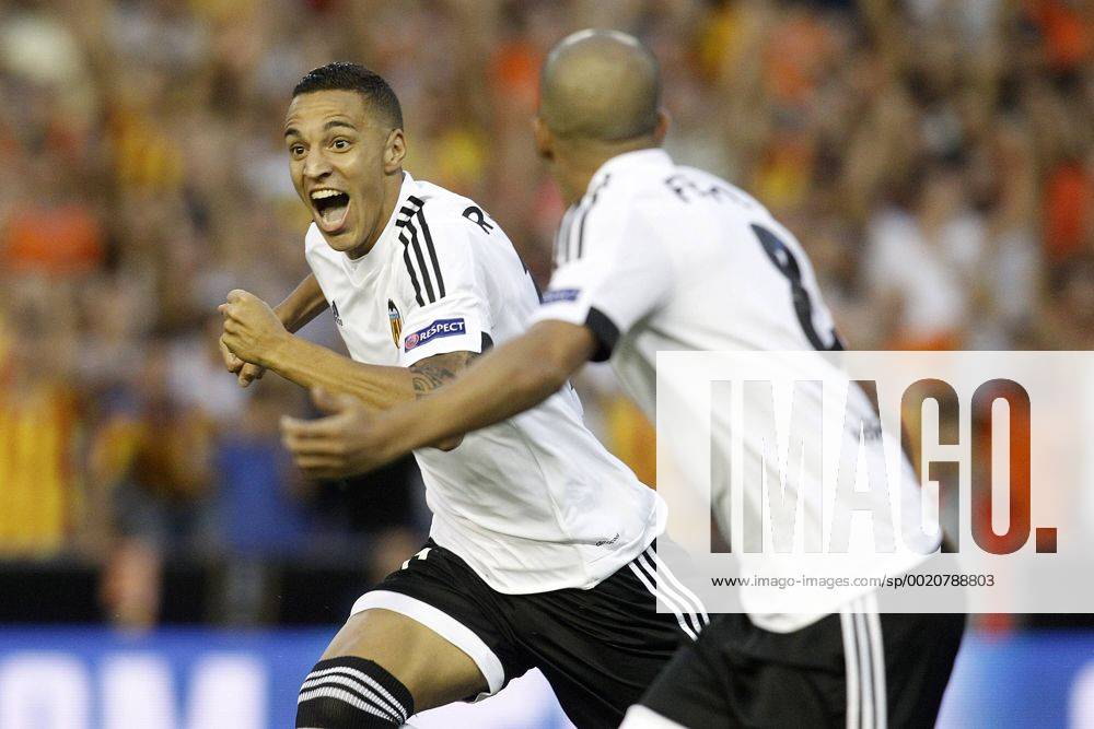 Valencia s Rodrigo (l) and Sofiane Feghouli celebrate goal during Champions League 2015 2016 Play-Offs 1st leg match. August 19,2015. (2015081902)