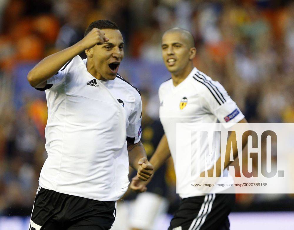 First leg of Champions League playoff Quali match between FC Valencia and AS Monaco at the Mestalla stadium. In this picture, Rodrigo celebrates his goal. ANTONIOxSANZx
