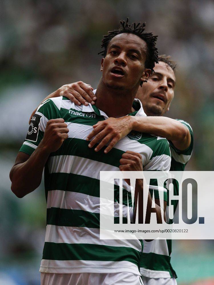 Aug. 22, 2015 - Lisbon, Portugal - Sporting s forward Andre Carrillo celebrates his goal with Sporting s defender Joao Pereira (R) during the Portuguese League football match between Sporting CP and FC Pacos de Ferreira at Jose Alvalade Stadium in Lisbon on August 22, 2015. NURPHOTO CARLOS PALMA. FBL-LIGA-POR-SPORTING-PACOS - ZUMAn230