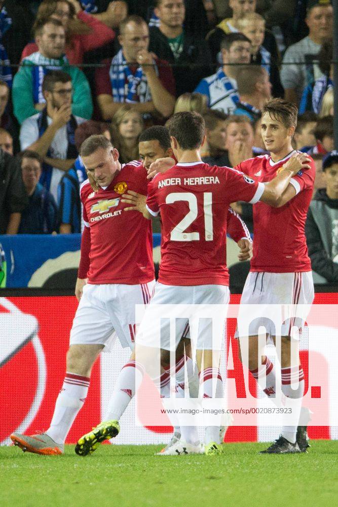 - BRUGGE, BELGIUM: Manchester s Wayne Rooney (L) celebrates with his teammates after scoring during a soccer game between Belgian first league team Club Brugge KV and British club Manchester United ManU FC in Brugge, Wednesday 26 August 2015, the return game of the play-offs of the UEFA Champions League competition. Manchester United won the first leg 3-1. KURTxDESPLENTER x04687517x