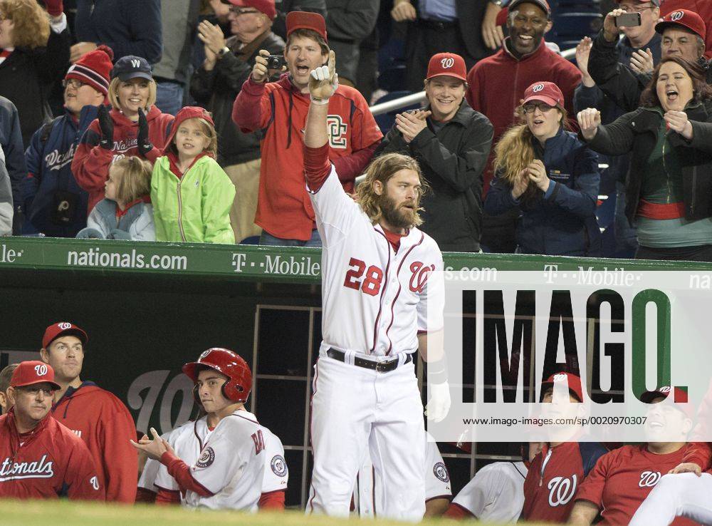 Washington, District Of Columbia, U.S - Miami Marlins against the Washington Nationals right fielder Jayson Werth (28) acknowledges the fans after hitting a game-winning grand slam home run in the eighth inning of the game against the Florida Marlins at Nationals Park in Washington, D.C. on Wednesday, April 9, 2014. The Nationals won the game 10 - 7. MLB Baseball Herren USA 2014 - Marlins Beat Nationals 7-1 - ZUMAp124