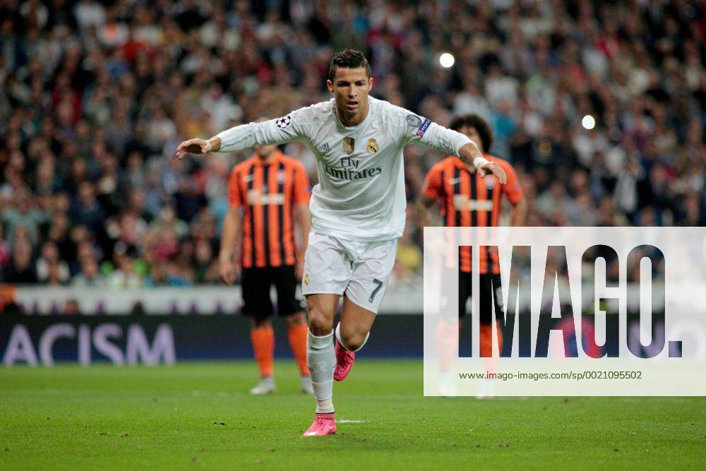 Madrid, Spain. 15th Sept. 2015: Cristiano Ronaldo forward from Real Madrid CF, celebrating after scoring during the UEFA Champions League group stage against Shakhtar Donetsk at the Santiago Bernabeu stadium. (Photo: Ivan Abanades Medina).