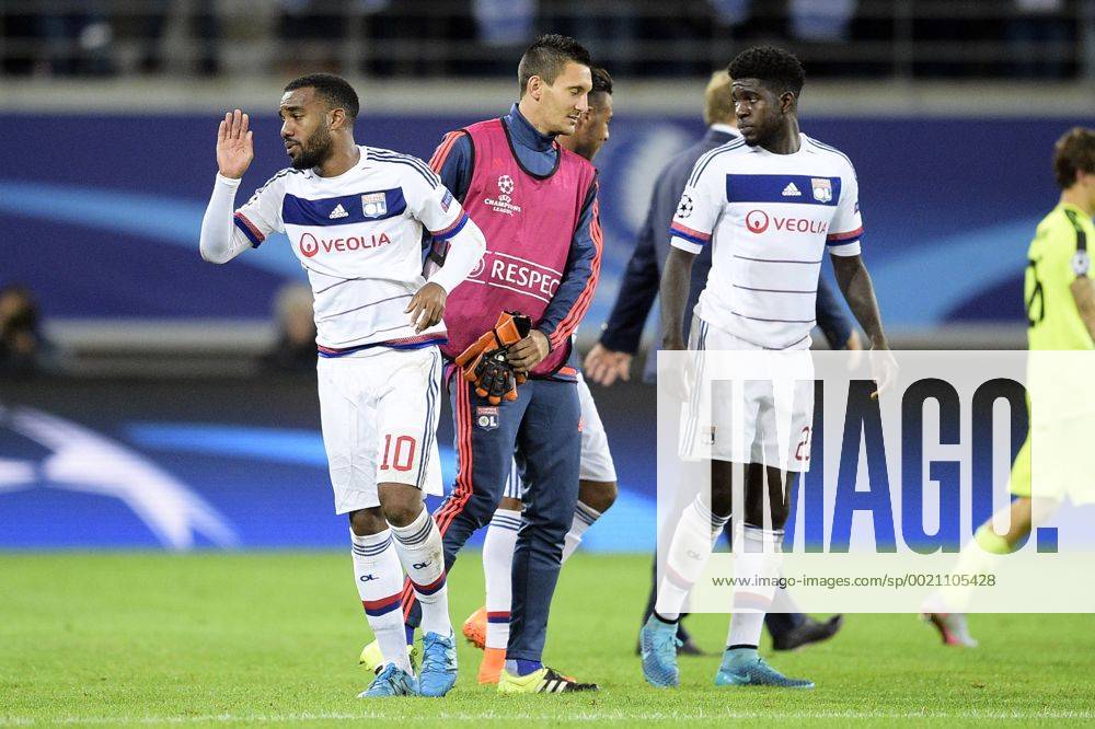 - GENT, BELGIUM: Lyon s Alexandre Lacazette and Lyon s Samuel Umtiti pictured after the first game in the group stage of the Uefa Champions League competition, in group H, between Belgian first league soccer team KAA Gent and Olympique Lyon, in Gent, Wednesday 16 September 2015. YORICKxJANSENS x04701672x