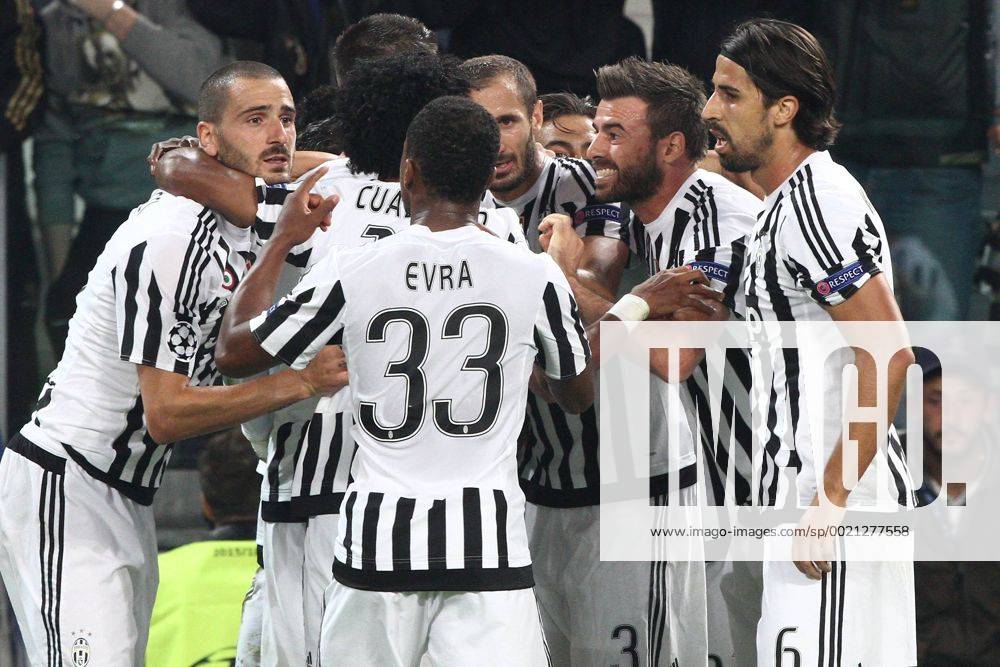 Sept. 30, 2015 - Turin, Italy - Juventus forward Alvaro Morata (9) celebrates with his teammates after scoring his goal during the Uefa Champions League group stage football match n2 JUVENTUS - SEVILLA on 30 09 15 at the Juventus Stadium in Turin, Italy. Juventus v Sevilla, UEFA Champions League - ZUMAn230