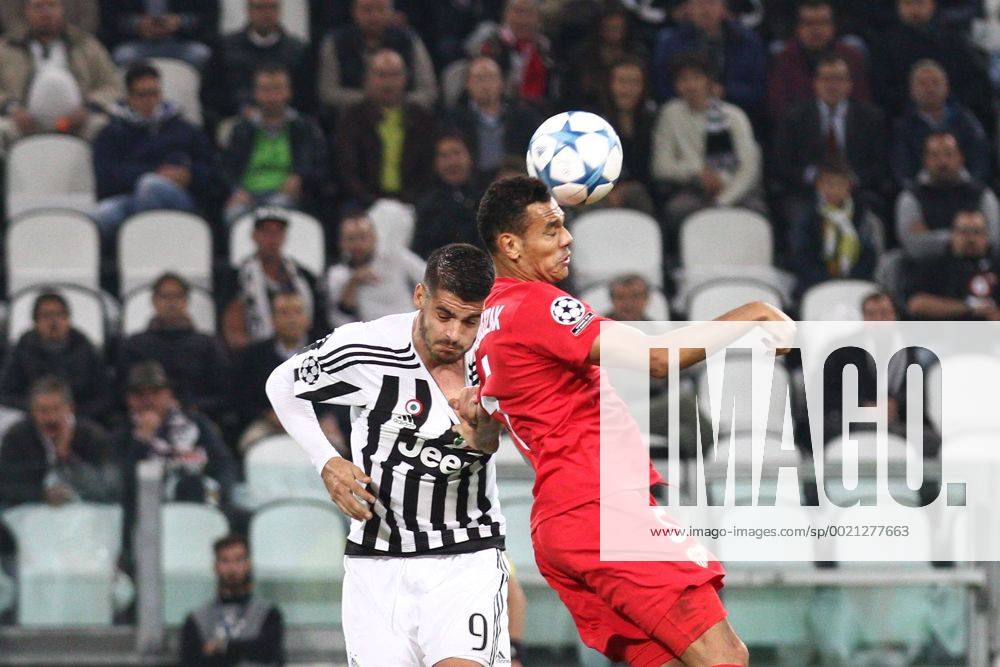 Sept. 30, 2015 - Turin, Italy - Siviglia defender Timothee Kolodziejczak (5) and Juventus forward Alvaro Morata (9) head the ball during the Uefa Champions League group stage football match n2 JUVENTUS - SEVILLA on 30 09 15 at the Juventus Stadium in Turin, Italy. Juventus v Sevilla, UEFA Champions League - ZUMAn230