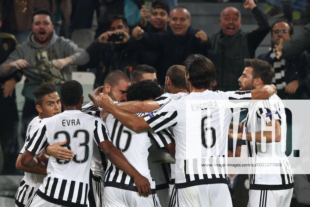 Sept. 30, 2015 - Turin, Italy - Juventus forward Alvaro Morata (9) celebrates with his teammates after scoring his goal during the Uefa Champions League group stage football match n2 JUVENTUS - SEVILLA on 30 09 15 at the Juventus Stadium in Turin, Italy. Juventus v Sevilla, UEFA Champions League - ZUMAn230