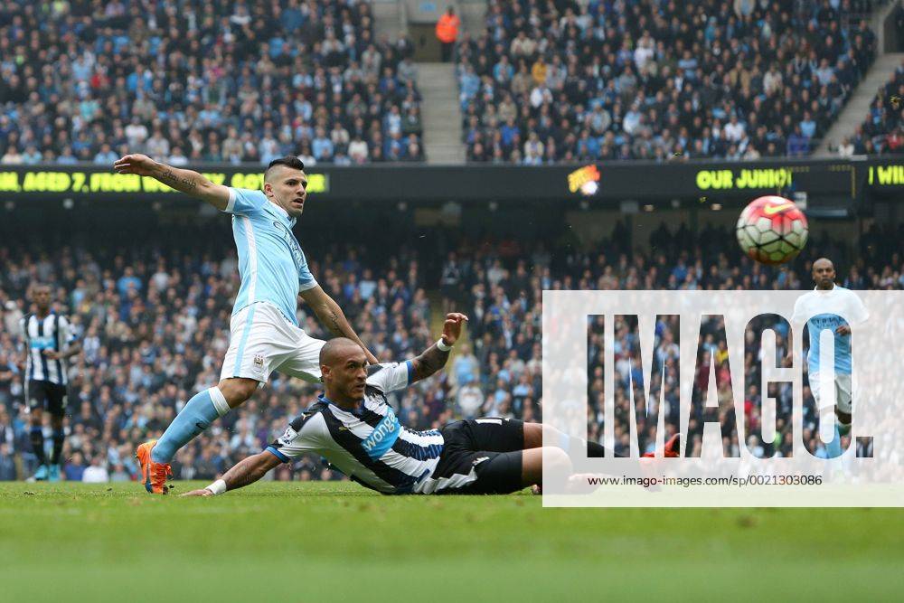 Sergio Aguero of Manchester City scores his sides second goal - Manchester City vs Newcastle - Barclay s Premier League - Etihad Stadium - Manchester - 01 10 2015 Pic Philip Oldham SportImage .