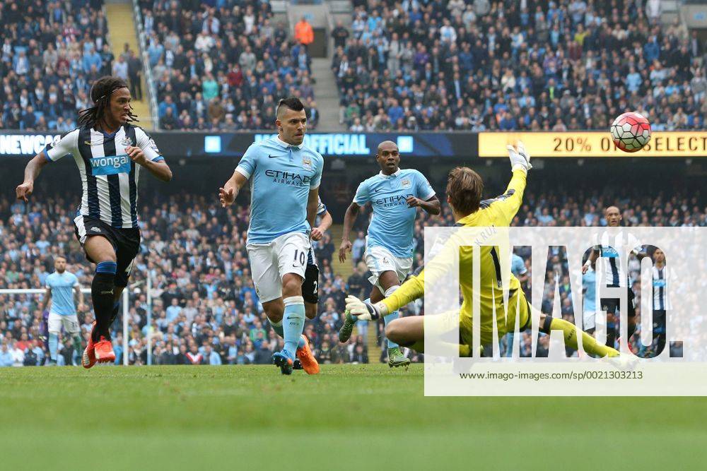 Sergio Aguero of Manchester City scores his sides third goal - Manchester City vs Newcastle - Barclay s Premier League - Etihad Stadium - Manchester - 01 10 2015 Pic Philip Oldham SportImage .