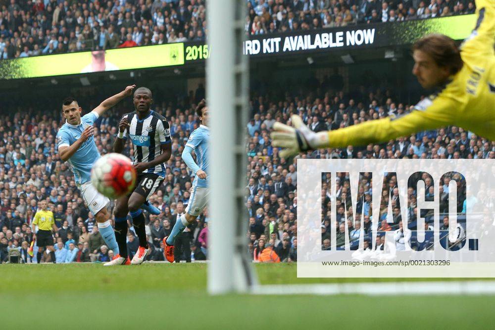 Sergio Aguero of Manchester City scores his sides fifth goal - Manchester City vs Newcastle - Barclay s Premier League - Etihad Stadium - Manchester - 01 10 2015 Pic Philip Oldham SportImage .