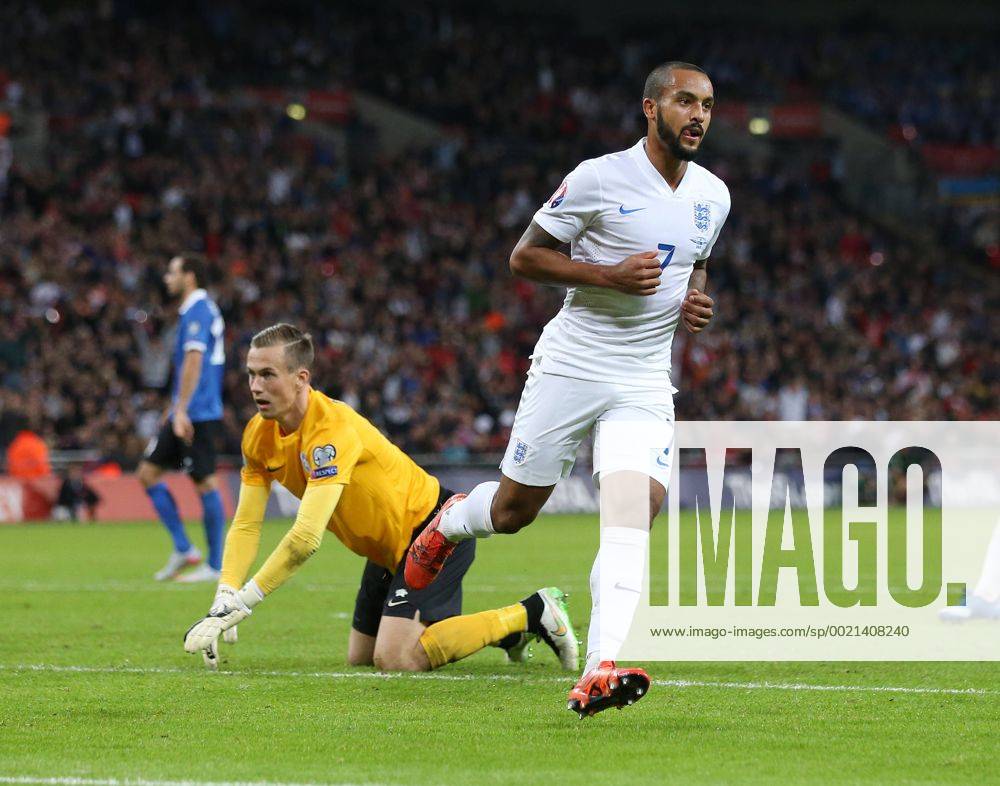 England s Theo Walcott celebrates scoring his sides opening goal Euro 2016 Qualifier- England vs Estonia - Wembley Stadium - England - 9th October 2015 - Picture David Klein Sportimage .