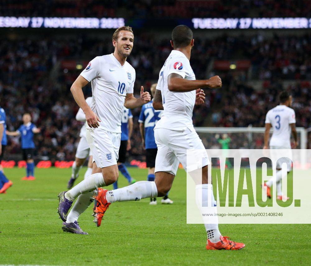 England s Theo Walcott celebrates scoring his sides opening goal with Harry Kane Euro 2016 Qualifier- England vs Estonia - Wembley Stadium - England - 9th October 2015 - Picture David Klein Sportimage .