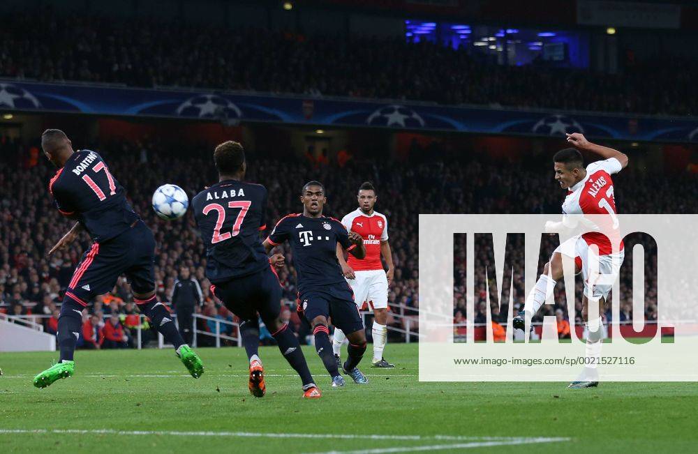Arsenal s Alexis Sanchez fires in a shot Champions League Group Match - Arsenal vs Bayern Munich - Emirates Stadium - England - 20th October 2015 - Picture David Klein Sportimage .
