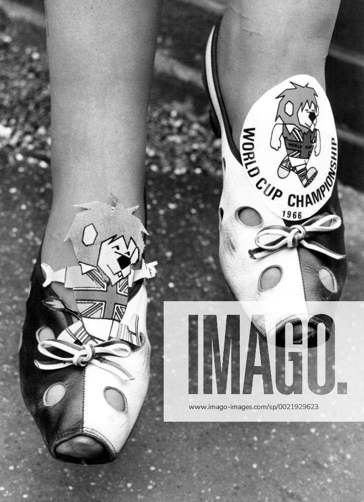 1966 World Cup decorative shoes worn by a female fan at the England v Uruguay match. 11th July 1966 Great Britain Mono Print UnitedArchives00462847