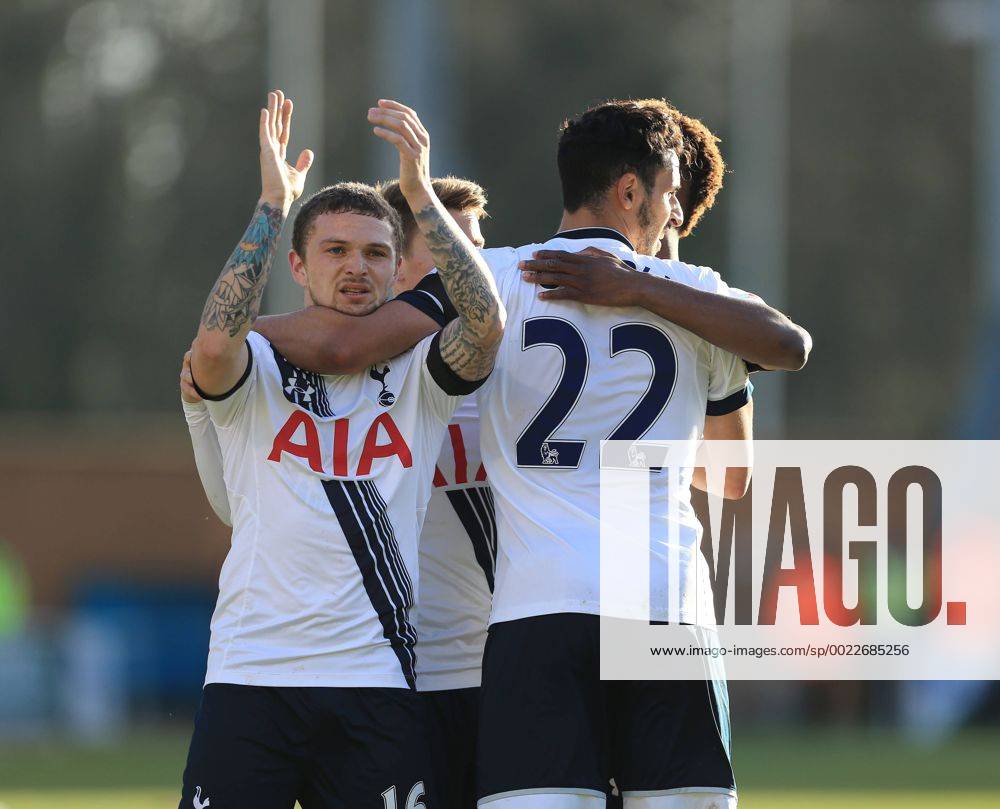 Tottenham s Nacer Chadli celebrates scoring his sides third goal with Kieran Trippier FA Cup Fourth Round - Colchester United vs Tottenham Hotspur - Weston Homes Community Stadium -England -29th January 2016 - Picture David Klein Sportimage .