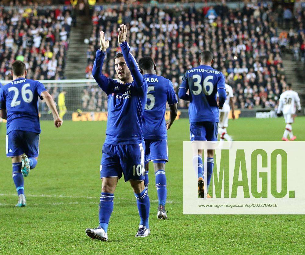 Chelsea s Eden Hazard celebrates scoring his sides fourth goal from the penalty spot FA Cup Fourth Round - Milton Keynes Dons vs Chelsea - Stadium MK - England - 31st January 2016 - Picture David Klein Sportimage .