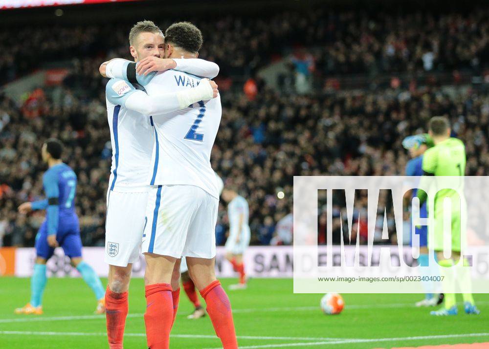 Wembley Stadium, London, England. International Football Friendly England versus Netherlands. England Forward Jamie Vardy scores England s first past Netherlands Goalkeeper Jeroen Zoet and celebrates with England Defender Kyle Walker , 1-0 England Kertonx ActionPlus11723323