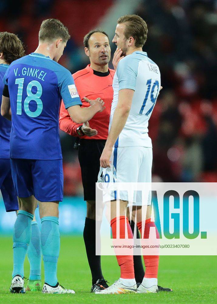Wembley Stadium, London, England. International Football Friendly England versus Netherlands. England Forward Harry Kane has a strong word with Referee Antonio Miguel Mateu Lahoz at full time Kertonx ActionPlus11723591