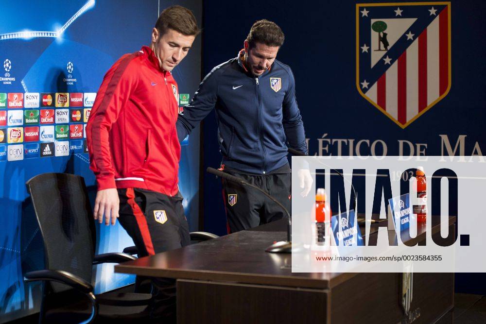 Gabi Fernandez and coach Diego Simeone during Atletico de Madrid s press conference PK Pressekonferenz the day before the EUFA Champions League match between Atletico de Madrid and FC. Barcelona at Vicente Calderon in Madrid. April 13, 2016. (20160413003)