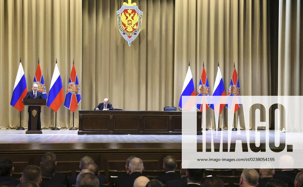Russian President Vladimir Putin, left, delivers remark at the annual meeting of the Federal Security Service Board as FSB Director Alexander Bortnikov, right, looks on, February 28, 2023 in Moscow, Russia. Moscow Russia - ZUMAp138 20230228_zaa_p138_004