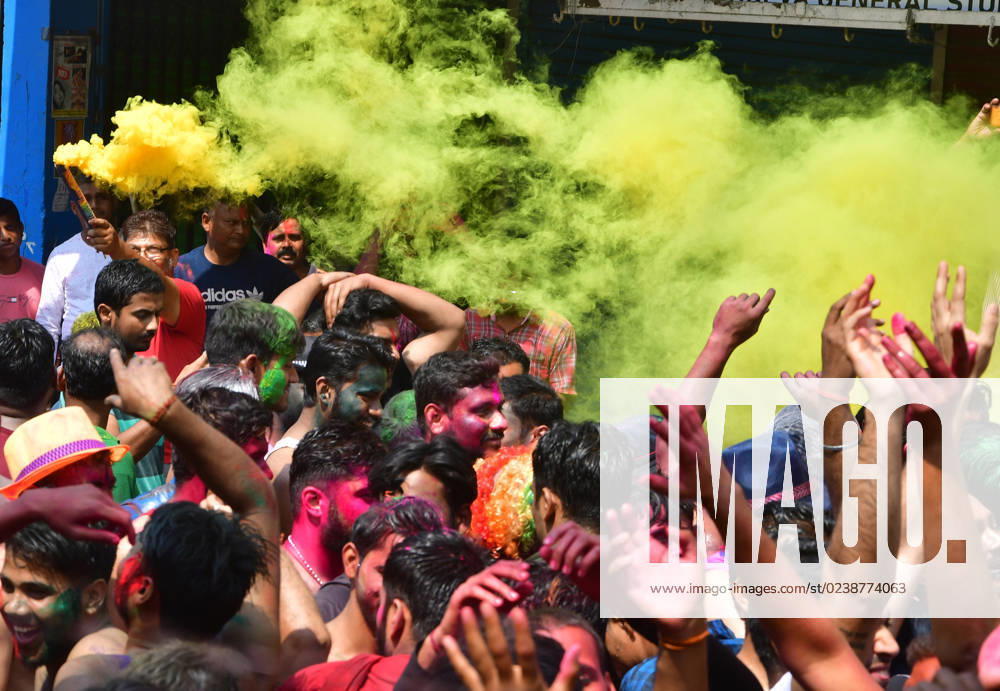 Prayagraj: People dance during Holi festival Celebration in Prayagraj on Wednesday, March 08, 2023. Prayagraj India - ZUMAv115 20230308_zap_v115_003