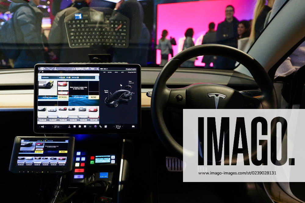 Lucid Motors And Tesla Motors Shows His Newest Technologies In The Mobile World Congress 23 BARCELONA, SPAIN - MARCH 11: The inside of a Tesla Model S, the newest model of the S series of the American multinational automotive and clean energy company, equipped to work as a police car with vehicle registration plate fast reading and detection, exhibited during the Mobile World Congress 2023 on March 11, 2023, in Barcelona, Spain. Barcelona Catalonia Spain
